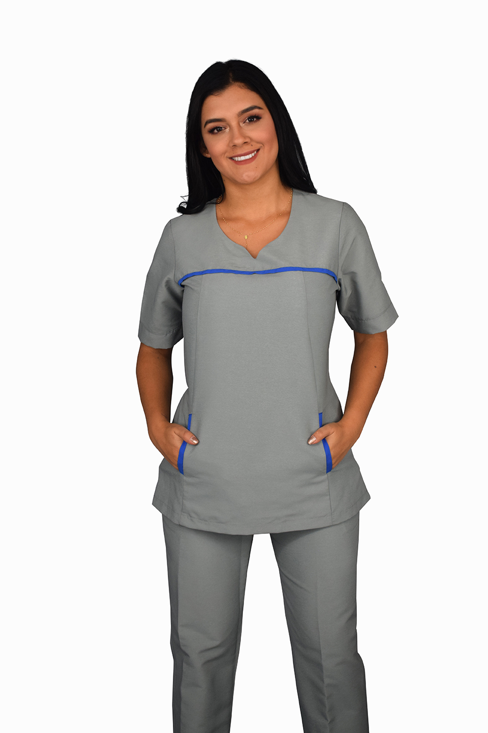 uniforme empresarial gris con detalles azules (0574)  Celmy diseño y  fabricación de uniformes empresariales y uniformes ejecutivos